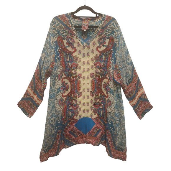 Johnny Was 100% Silk Georgette Paisley Crinkle Tunic Blouse Top Plus Size 1X - Picture 2 of 12